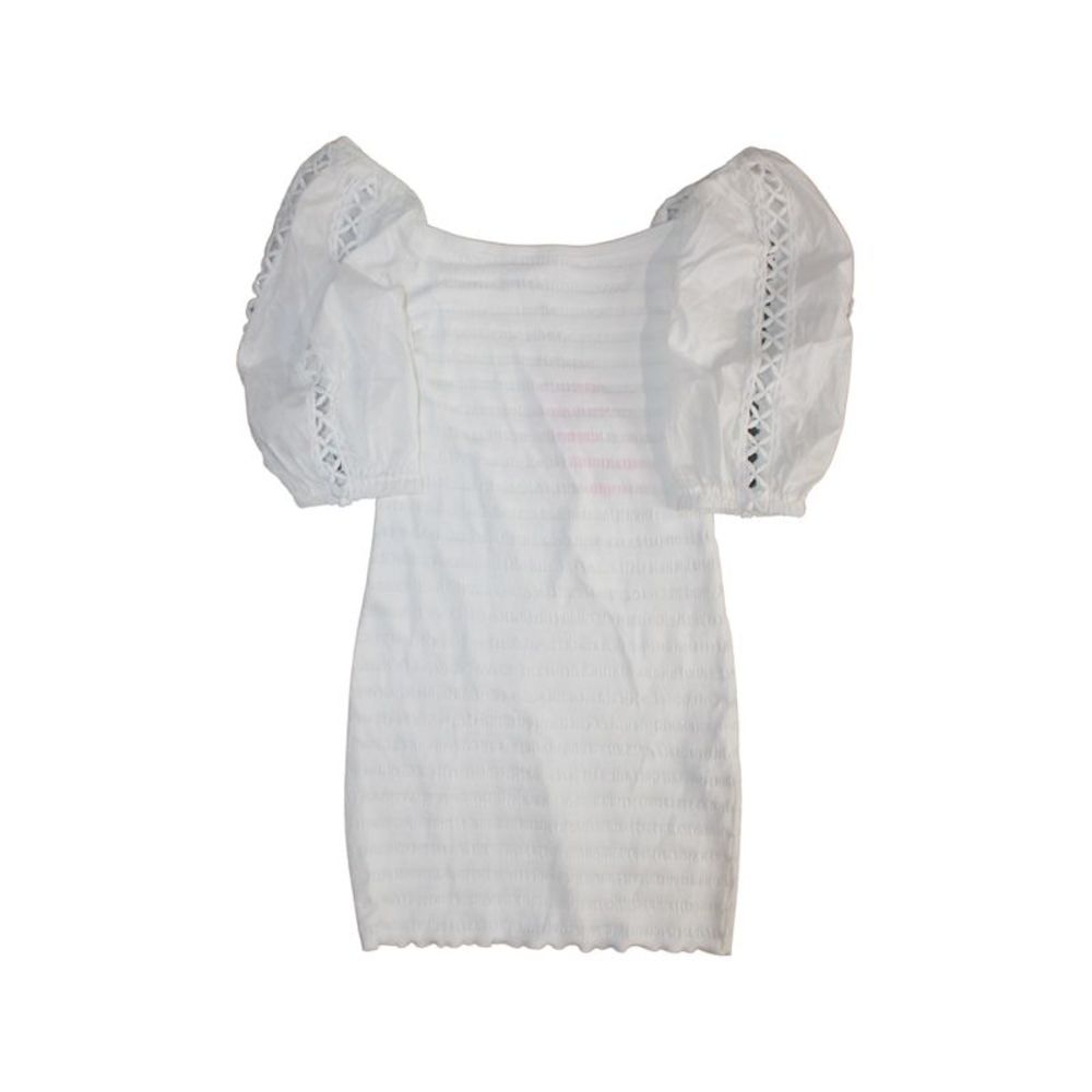 Smocked-Sleeve Bodycon Dress, white, Size small